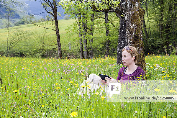 Frau benutzt E-Reader auf einer Wiese