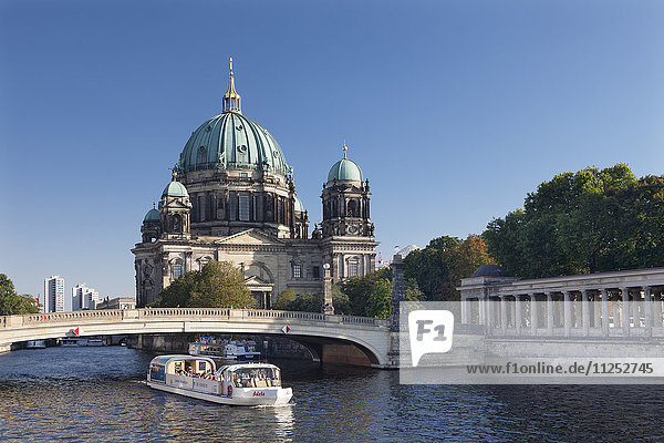 Excursion boat on Spree River  Berliner Dom (Berlin Cathedral)  Spree River  Museum Island  UNESCO World Heritage Site  Mitte  Berlin  Europe