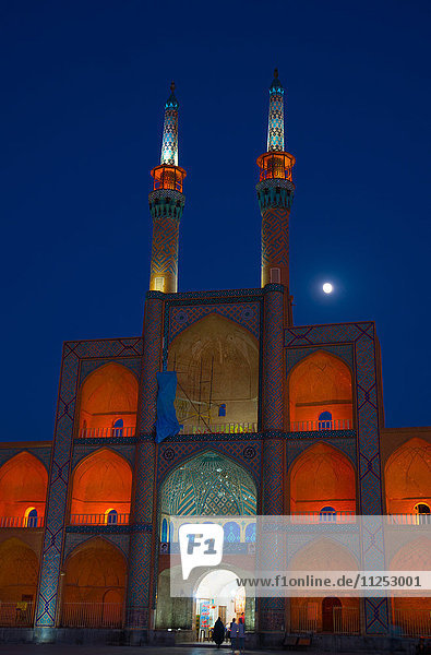 Amir Chakhmagh Complex floodlit with moon  Yazd  Iran  Middle East