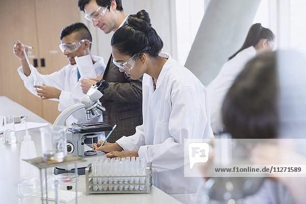 Female college students conducting scientific experiment in science laboratory classroom