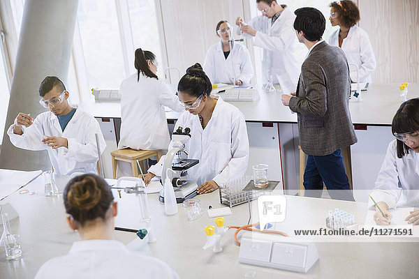College students conducting scientific experiment in science laboratory classroom
