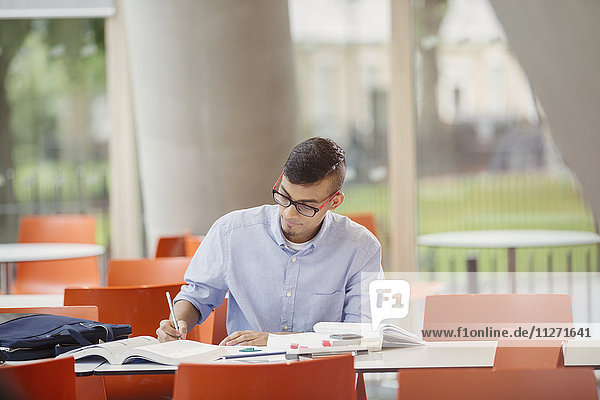 Male college student studying at table