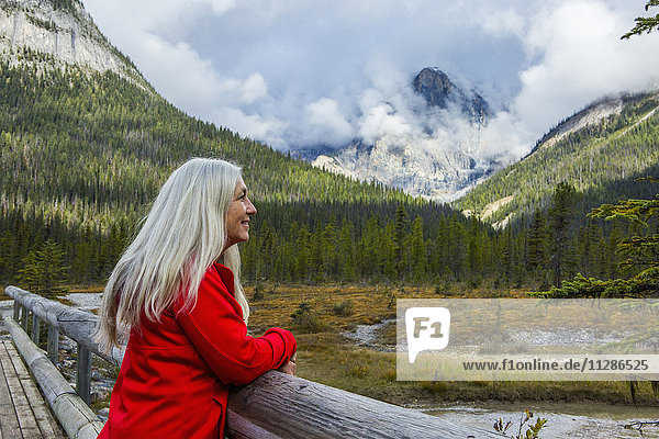 Kaukasische Frau lehnt an einem Holzgeländer und bewundert einen Berg