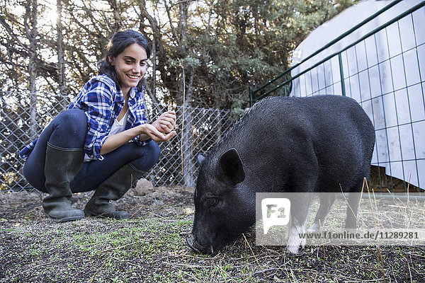 Frau mit Schwein auf dem Bauernhof