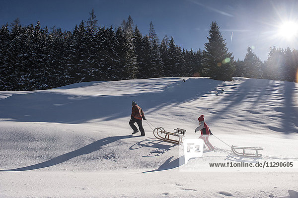 Children pulling their sledges in the snow