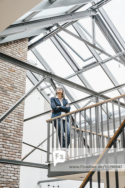 Confident businesswoman with long grey hair in a loft