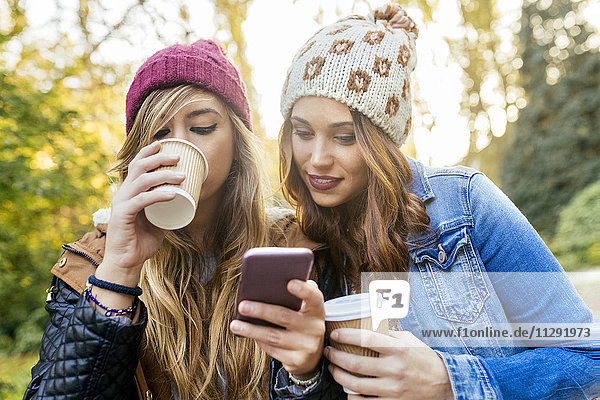 Zwei junge Frauen mit Smartphone im Herbst im Park