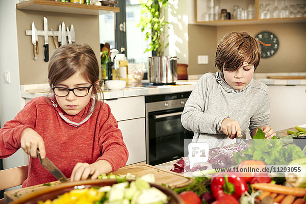 Junge und Mädchen beim Gemüsehacken in der Küche