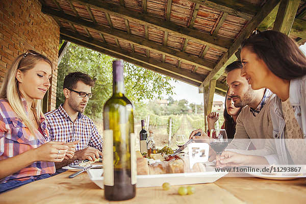 Friends socializing at outdoor table with red wine and cold snack
