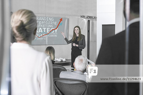 Businesswoman holding presentation in front of team