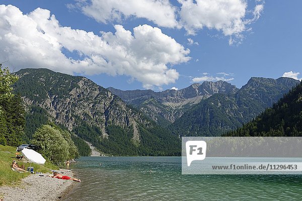 Badende im Sommer am Plansee mit Kohlbergspitze  Ammergauer Alpen  Tirol  Österreich  Europa