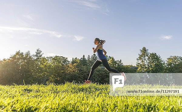 Young woman in sportswear jogging in park  Munich  Upper Bavaria  Bavaria  Germany  Europe