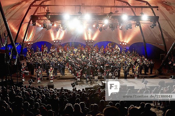 Crowd in front of the lighted stage  Loreley Tattoo 2016 Military Music Festival  St.Goarshausen  Rhineland-Palatinate  Germany  Europe