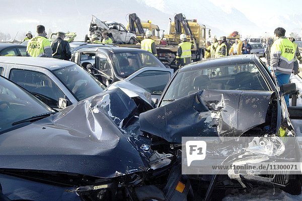 Demolished cars  traffic accident on autobahn  pile-up on road with black ice  Ohlstadt  Upper Bavaria  Bavaria  Germany  Europe