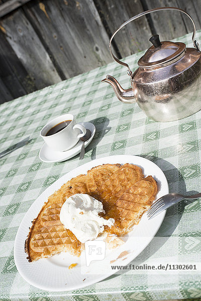Waffle and coffee in cafe  Ljungdalen  Sweden  Scandinavia  Europe