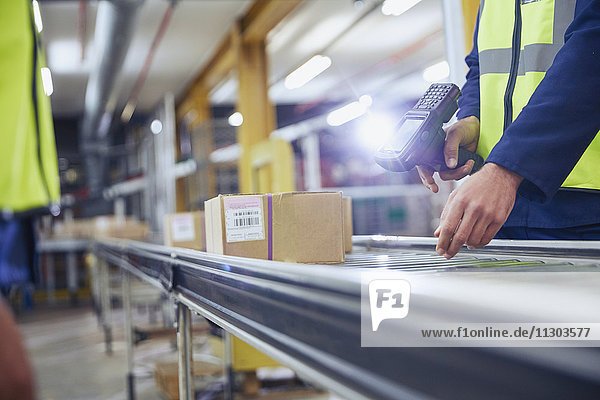 Worker scanning and processing boxes on conveyor belt in distribution warehouse