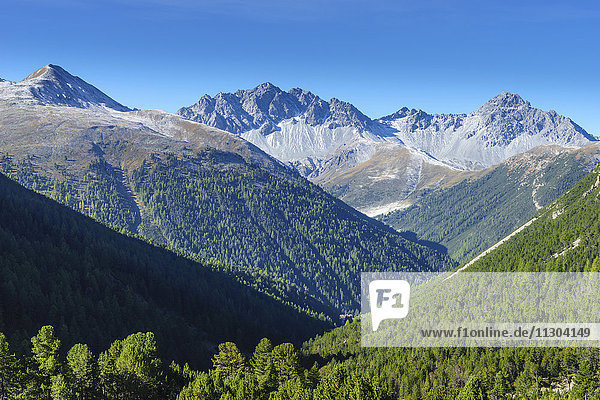 Blick vom Val Sesvenna hinunter zum Val S-charl und zum Val Tavrü auf der gegenüberliegenden Seite  Unterengadin  Schweiz. Die Berge (von links nach rechts): Mot dal Gajer  Piz Tavrü  Piz Nüglia  Piz Foraz.