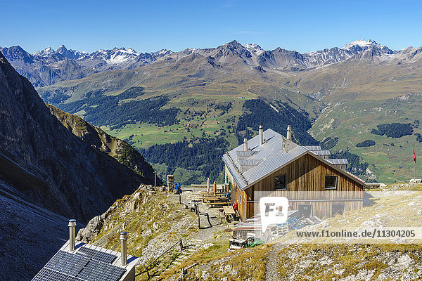 The Lischana hut SAC (Swiss Alpine Club) above Scuol in the Lower Engadine  Switzerland. View to the Silvretta Alps.