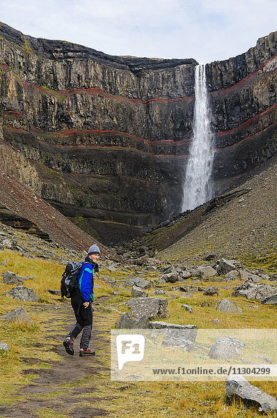 Waterfall Hengifoss in the valley Fljotsdalur near Egilsstadir in east Iceland.