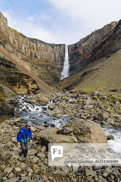 Waterfall Hengifoss in the valley Fljotsdalur near Egilsstadir in east Iceland.