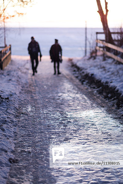 Silhouetten von Menschen  die im Winter spazieren gehen