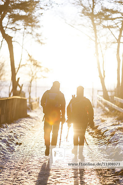Silhouetten von Menschen  die im Winter spazieren gehen