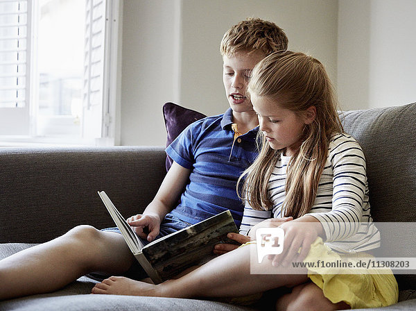Ein Familienhaus. Zwei Kinder sitzen nebeneinander und lesen ein Buch.