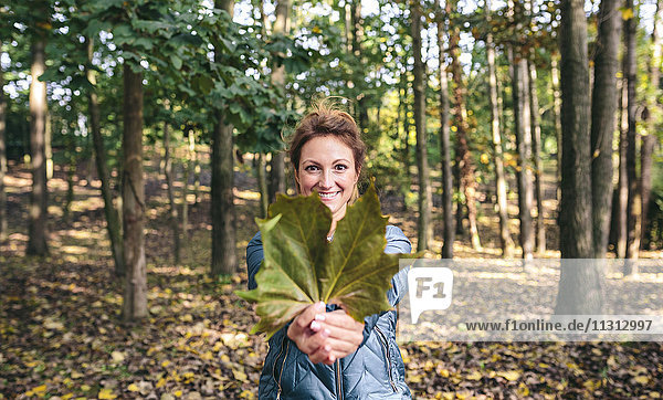 Smiling woman holding autumn leaf in the forest