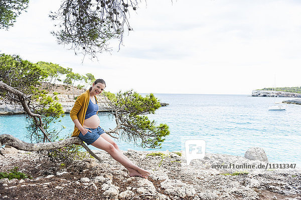 Smiling pregnant woman sitting on branch at the sea
