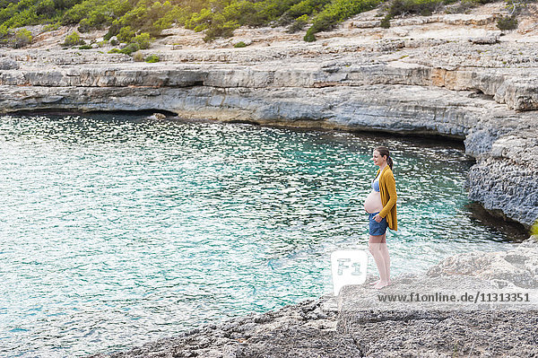 Schwangere Frau auf Felsen am Meer stehend