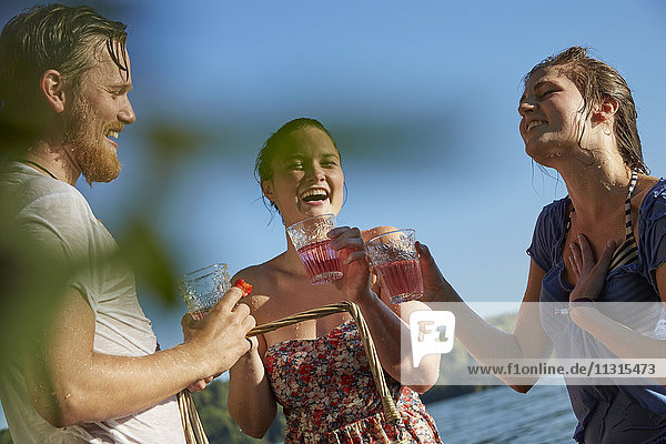 Glückliche Freunde im See bei einem Drink