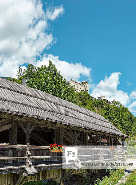 Panzendorf  Österreich  Schloss Heinfels mit gedeckter Holzbrücke