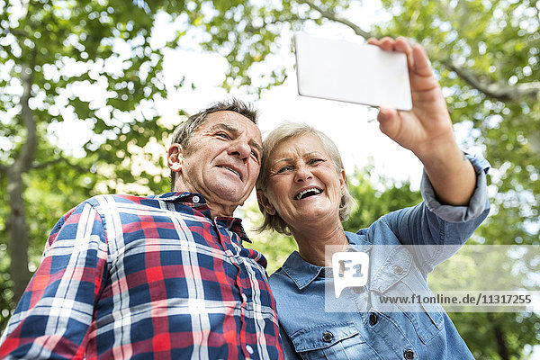 Senior couple taking selfie with smartphone