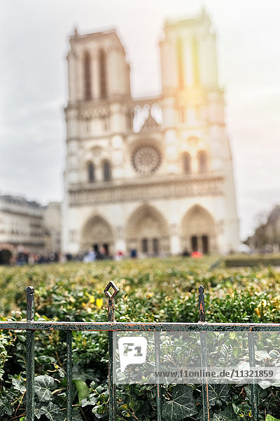 Frankreich  Paris  Zaun mit verschwommener Notre Dame im Hintergrund