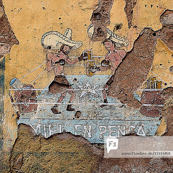 'America; Mexico; San Luis Potosi state; Cerro de San Pedro village; mural of a boxing match'