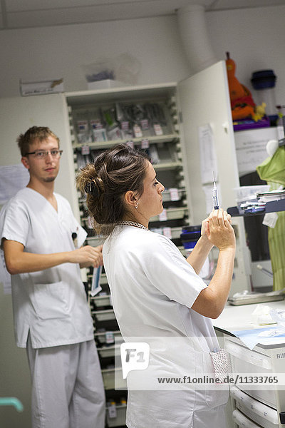 Reportage aus der pädiatrischen Notaufnahme eines Krankenhauses in Haute-Savoie  Frankreich. Eine Krankenschwester bereitet eine Behandlung mit einem Schmerzmittel vor.