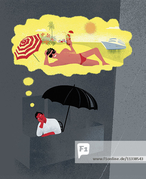 Man on gray balcony in rain imagining holiday on sunny tropical beach