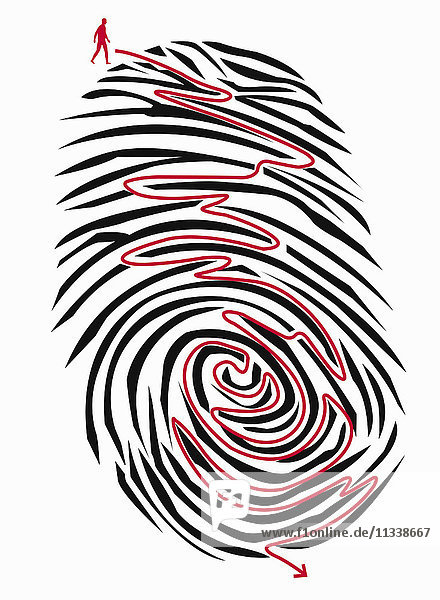 Mann findet einen Weg durch ein Labyrinth in einem Fingerabdruck