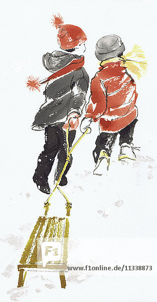 Mädchen und Junge ziehen zusammen einen Schlitten durch den Schnee