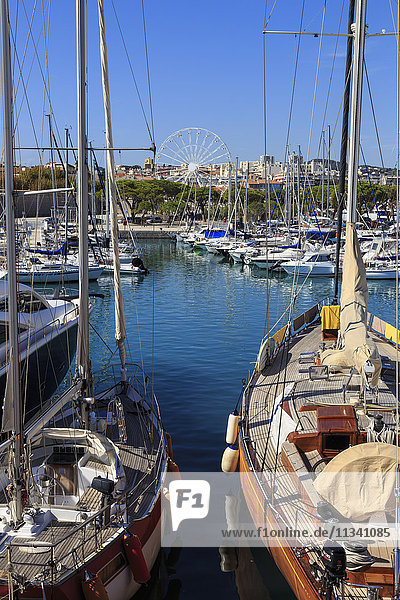 Vieux Port with many yachts  big wheel  Antibes  from Bastion St.-Jaume  Antibes  French Riviera  Cote d'Azur  Provence  France  Europe