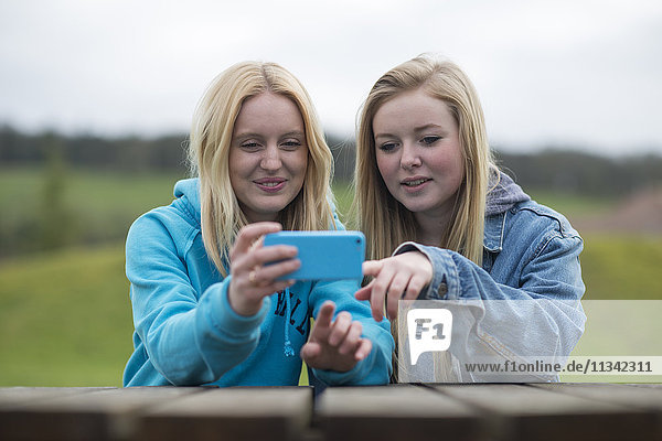 Mädchen lesen ein Smartphone  England  Vereinigtes Königreich  Europa