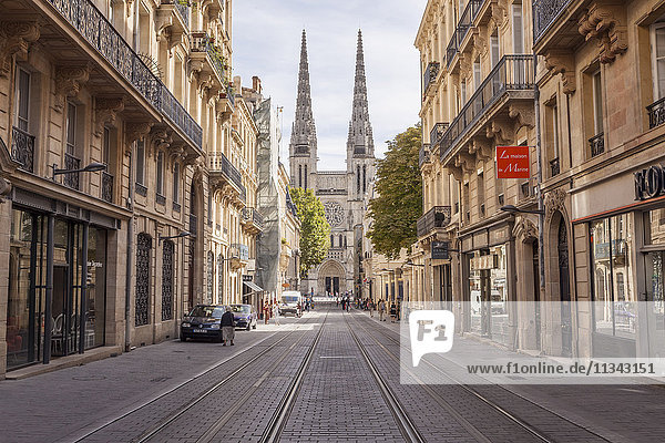 Looking down rue Vital Carles to Saint Andre cathedral in Bordeaux  Aquitaine  France  Europe