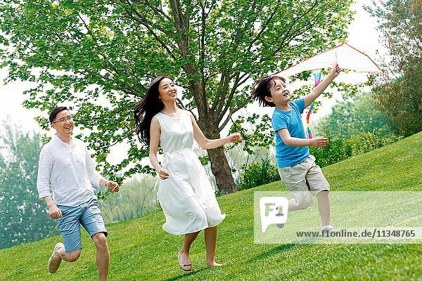 A family of three is flying a kite on the grass