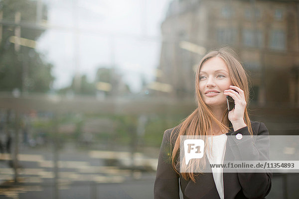 Businesswoman talking on smartphone  Freiburg  Germany