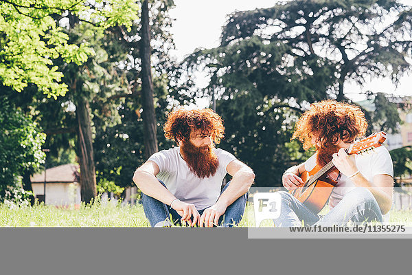 Junge männliche Hipster-Zwillinge mit roten Bärten sitzen im Park und spielen Gitarre