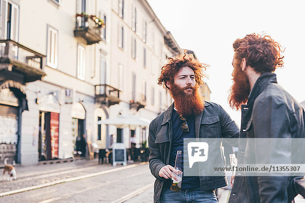 Junge männliche Hipster-Zwillinge mit roten Haaren und Bärten im Gespräch auf der City Street
