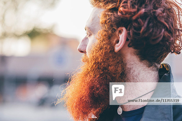 Profil eines jungen männlichen Hipsters mit roten Haaren und Bart