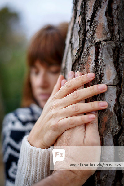 Frau hält Männerhand und umarmt Baum