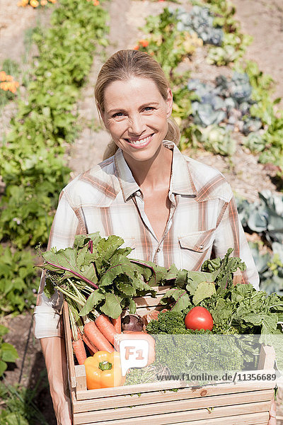 Porträt einer reifen Frau im Garten  die eine Kiste mit frischem Gemüse hält