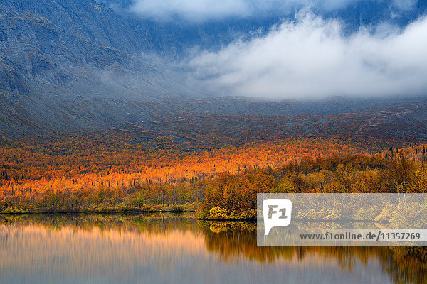 Herbstliche Farbe und niedrige Wolken am Maliy Vudjavr See  Khibiny-Gebirge  Kola-Halbinsel  Russland